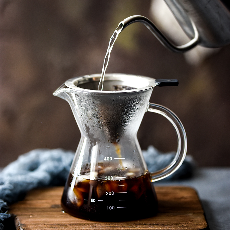 茶咖美器手衝咖啡分享壺帶刻度玻璃掛耳咖啡杯子錐形不鏽鋼濾網壺