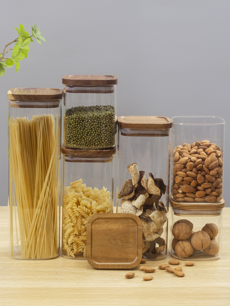 方形木蓋茶葉密封罐 簡約家用雜糧乾果收納玻璃罐
