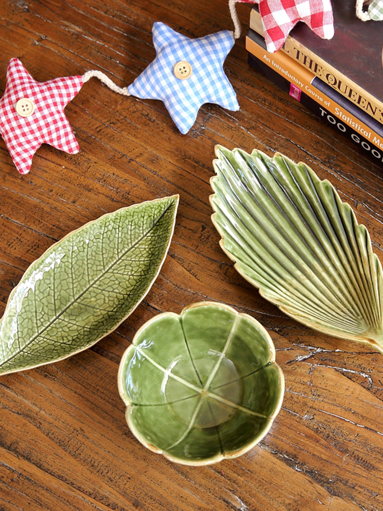 田園風陶瓷擺件 綠葉碟子盤瓜子碟家居實用裝飾