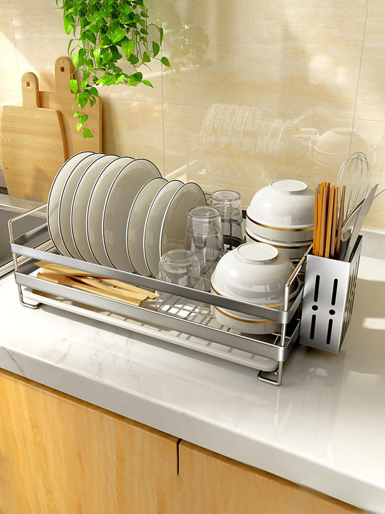 304不鏽鋼檯面瀝水碗架簡約現代風格一層置物免打孔安裝廚房餐具用品晾放碗盤瀝水架子