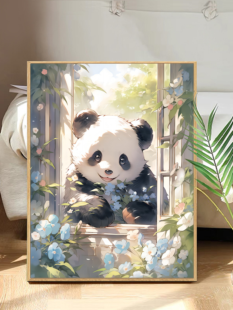 簡約現代實木框熊貓diy數字油畫 兒童手繪丙烯裝裱工藝