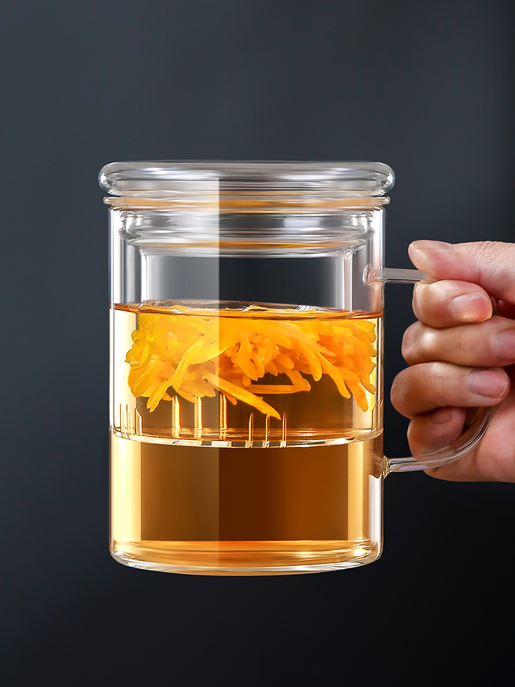 現代簡約高硼硅玻璃茶水分離泡茶杯辦公室耐高溫帶蓋把手喝水杯子