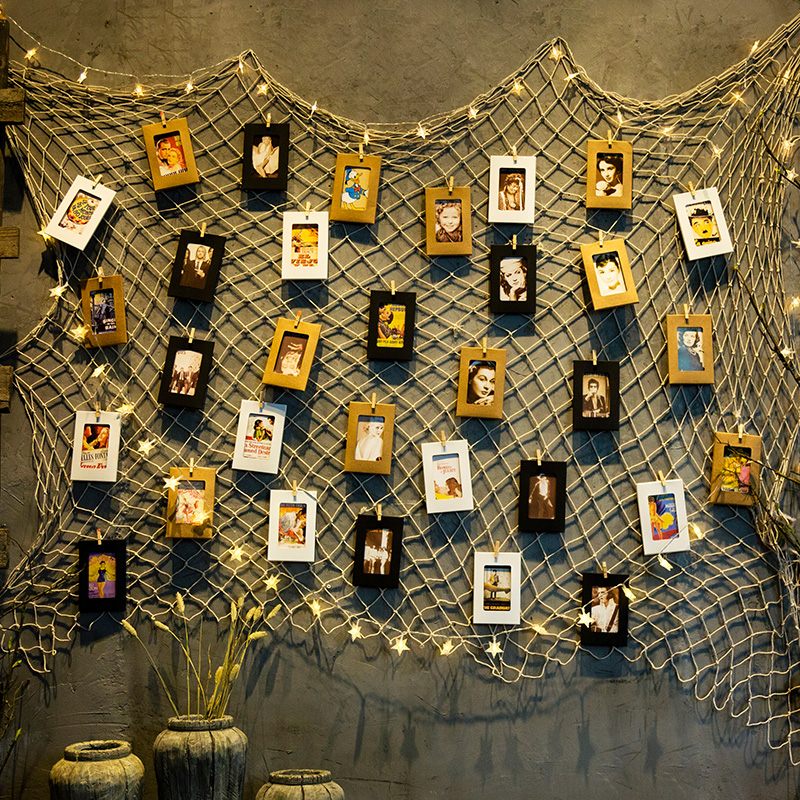 美式風格卡紙照片牆創意網格麻繩掛牆網紅裝飾