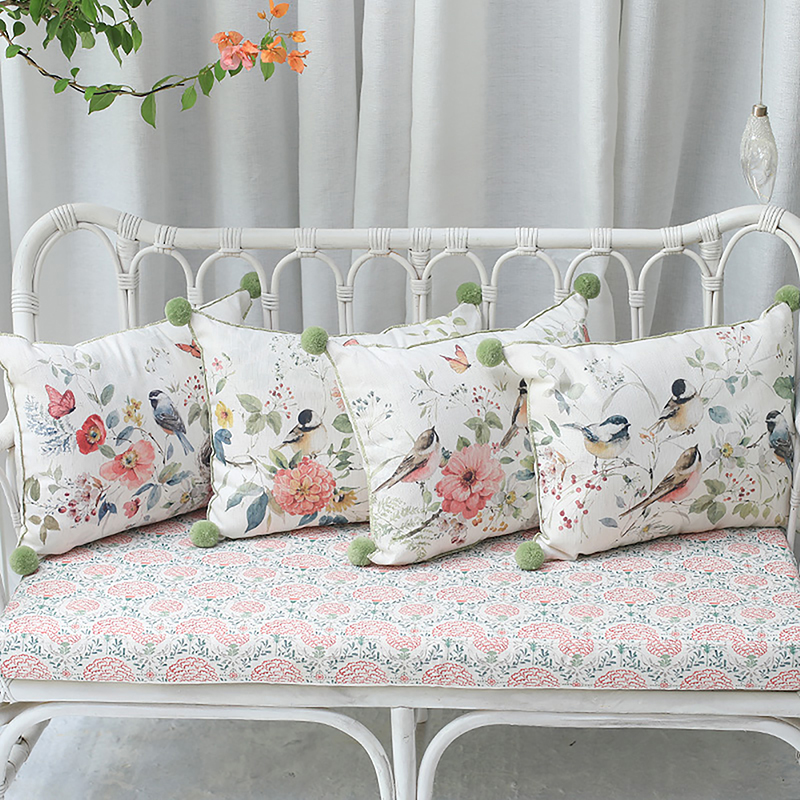 歐式花鳥亞麻長方形抱枕 沙發靠枕雙面印花家用