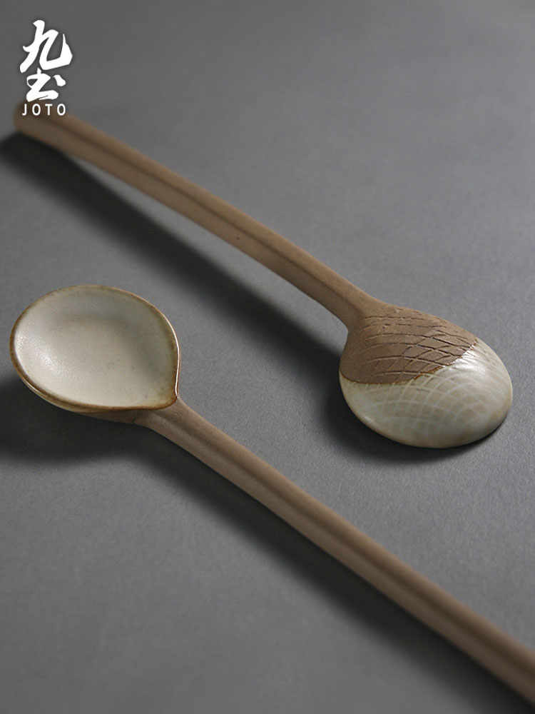 復古咖啡勺 攪拌勺 湯匙 日式陶瓷長柄 創意手工器皿 (8.3折)