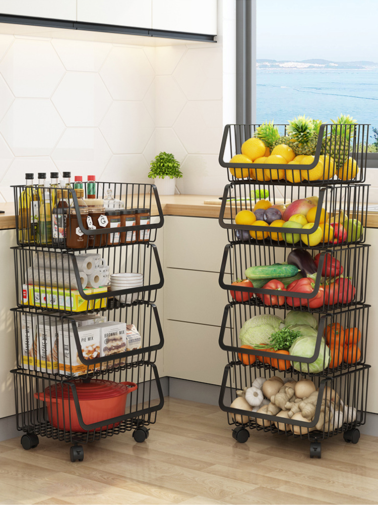 304不鏽鋼廚房收納籃 多層大容量可移動手推車 果蔬調味品置物架 簡約免安裝