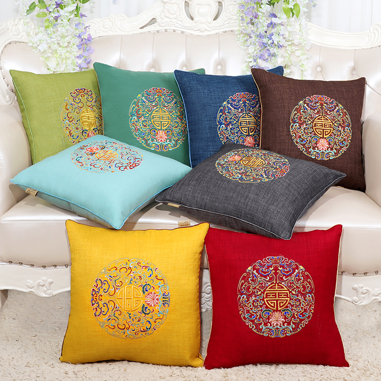 藝必旭中式棉麻布沙發抱枕刺繡靠墊家用裝飾