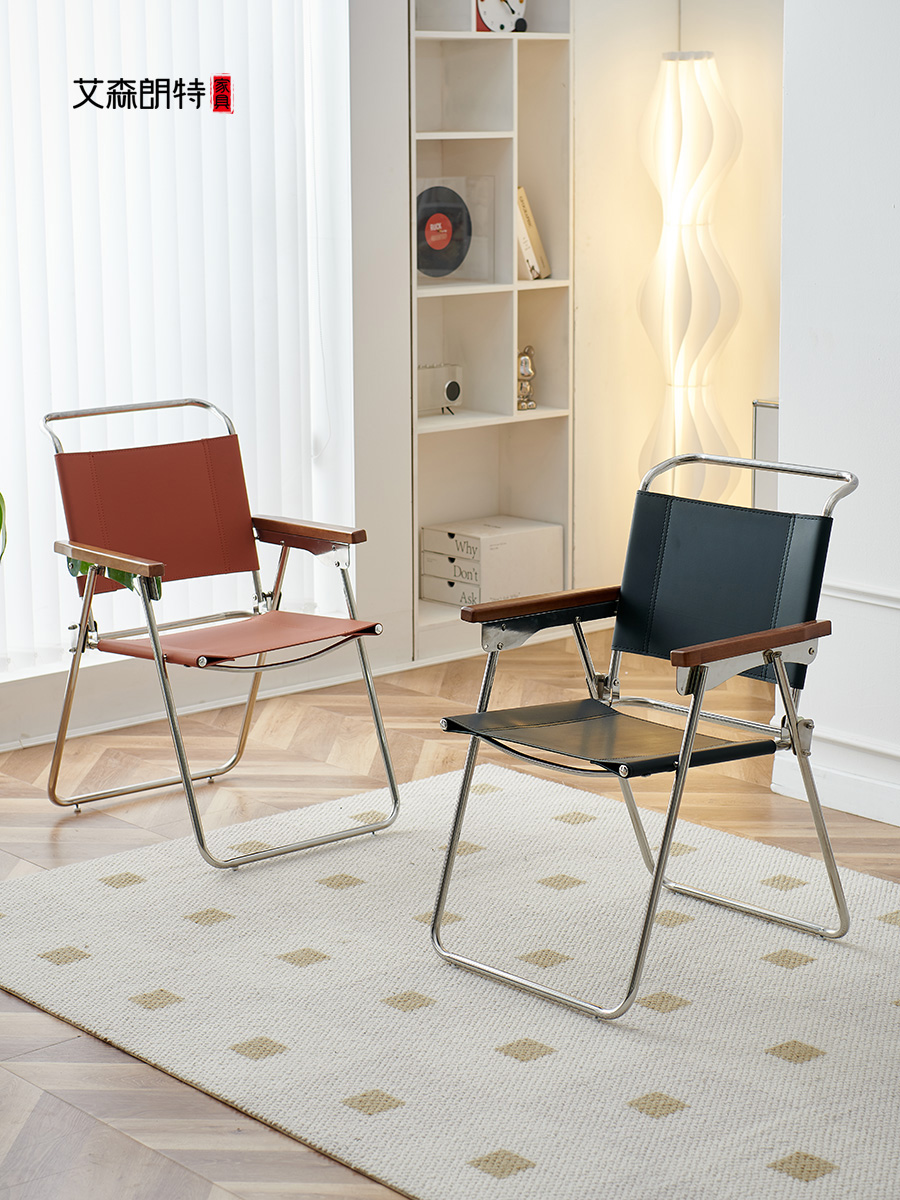 艾森朗特北歐複古餐椅家用不鏽鋼馬鞍皮設計師中古扶手折曡靠背椅