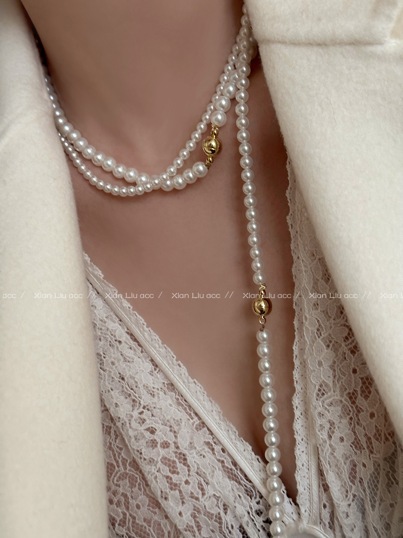 日韓風輕奢珍珠毛衣鏈女長款磁吸扣項鍊 (8.3折)