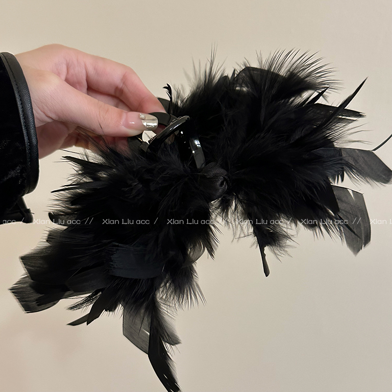 黑色羽毛抓夾 日韓風仙女裝飾頭飾氣質超仙髮夾 (8.3折)