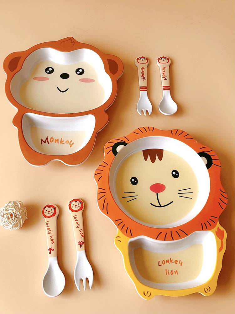 出口品質竹纖維兒童餐盤分格設計可愛卡通圖案送叉勺幼兒園吃飯神器