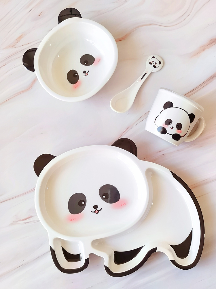 五和熊貓兒童餐具 防摔防燙 分格餐盤 輔食勺子 寶寶專用 進口 密胺 材質 通用