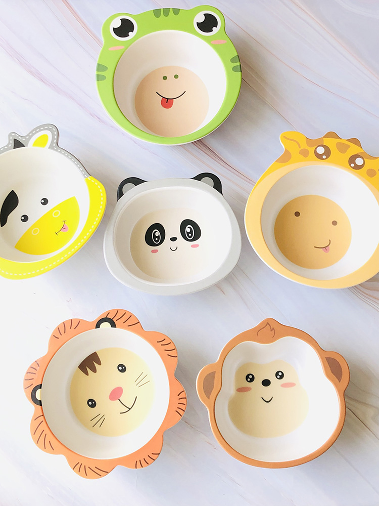 可愛卡通兒童餐具碗 寶寶碗 幼兒園吃飯碗 頑皮猴碗 黃灰色奶牛 造型熊貓碗