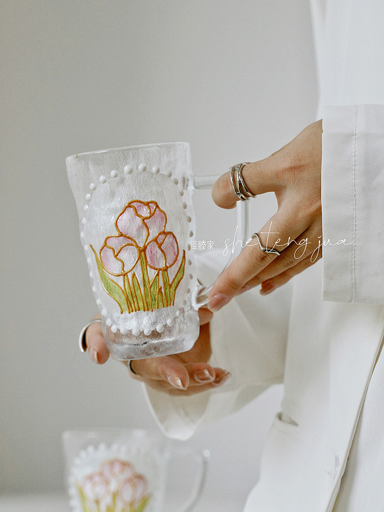 澤滕家 創意手繪法式珍珠帶把高顏值水杯花朵玻璃杯咖啡杯茶杯圓形水晶玻璃301mL400mL日常送禮大眾適用手工印花自主實拍圖1個 (8.3折)