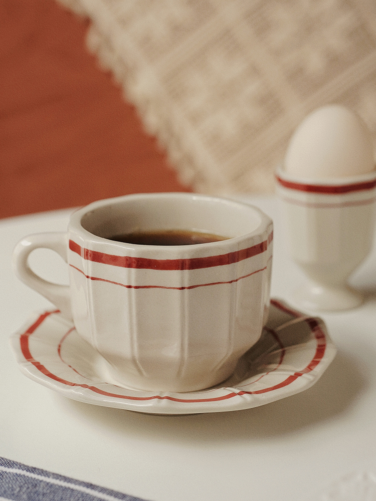 法式復古咖啡杯碟豎條紋水杯下午茶杯碟早餐杯碟套裝拉鐵杯拉花杯澤滕家瓷