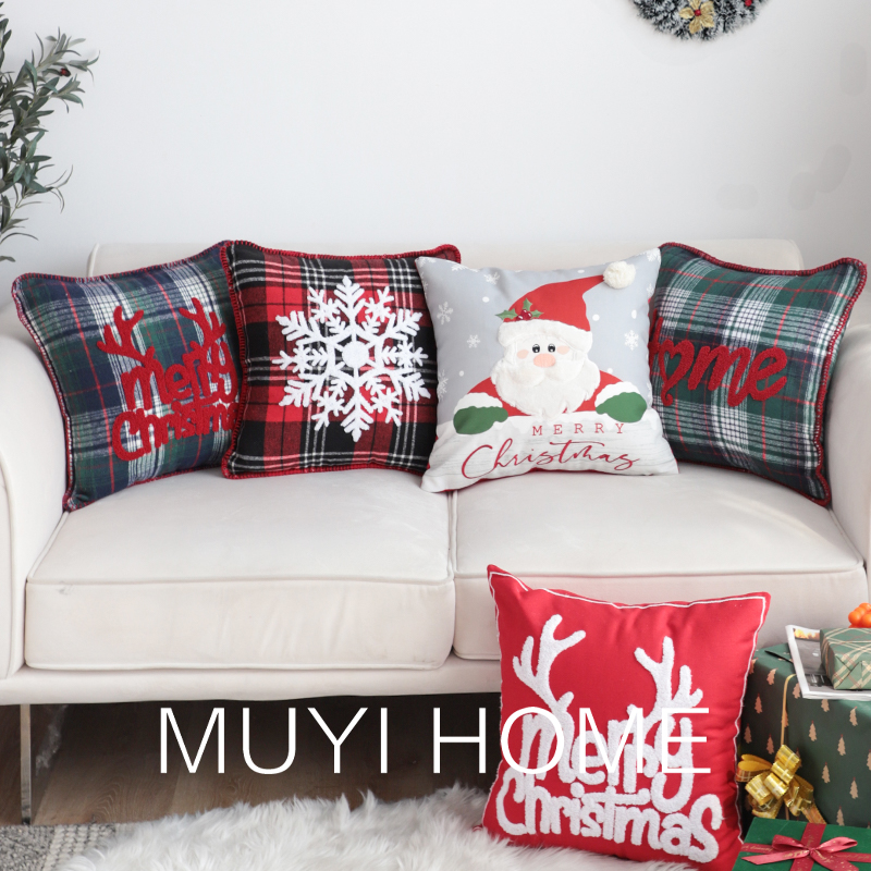 美式風聖誕格紋靠枕套客廳臥室沙發裝飾靠墊套不帶芯方枕 (8.3折)