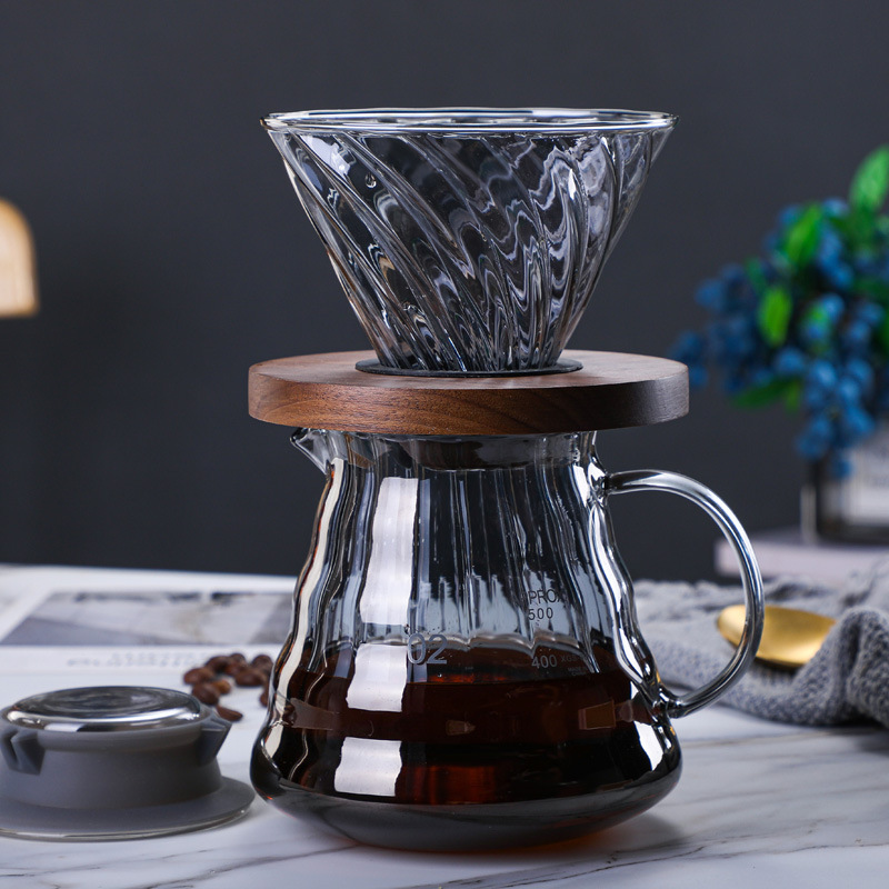 北歐風格手沖咖啡壺灰色玻璃v60錐形濾杯胡桃木託耐高溫分享壺套裝