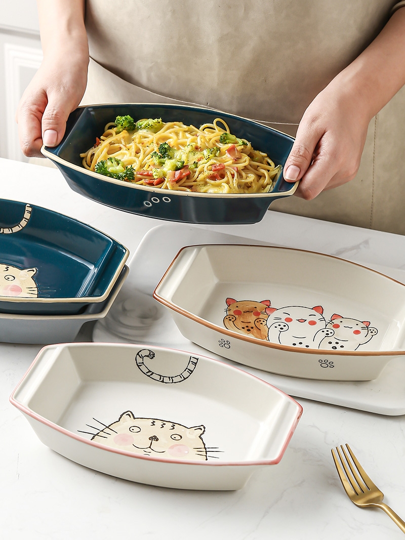 可愛造型雙耳烤盤 芝士焗飯長方形微波爐陶瓷盤