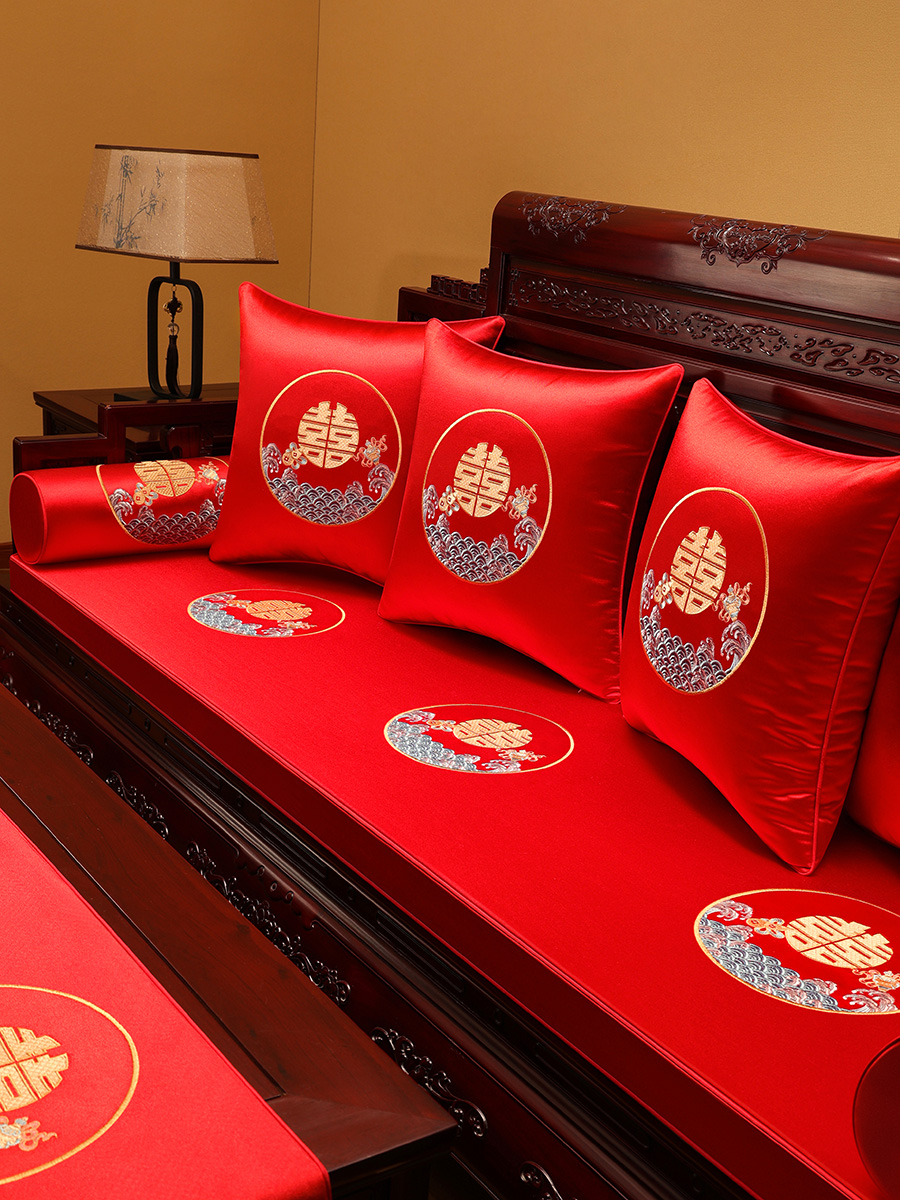 新中式沙發墊喜字紅坐墊靠枕靠背家飾婚房婚慶
