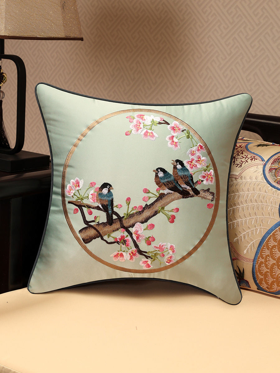 中式抱枕沙發靠墊古典淺藍色繡花家用客廳大靠枕含枕芯