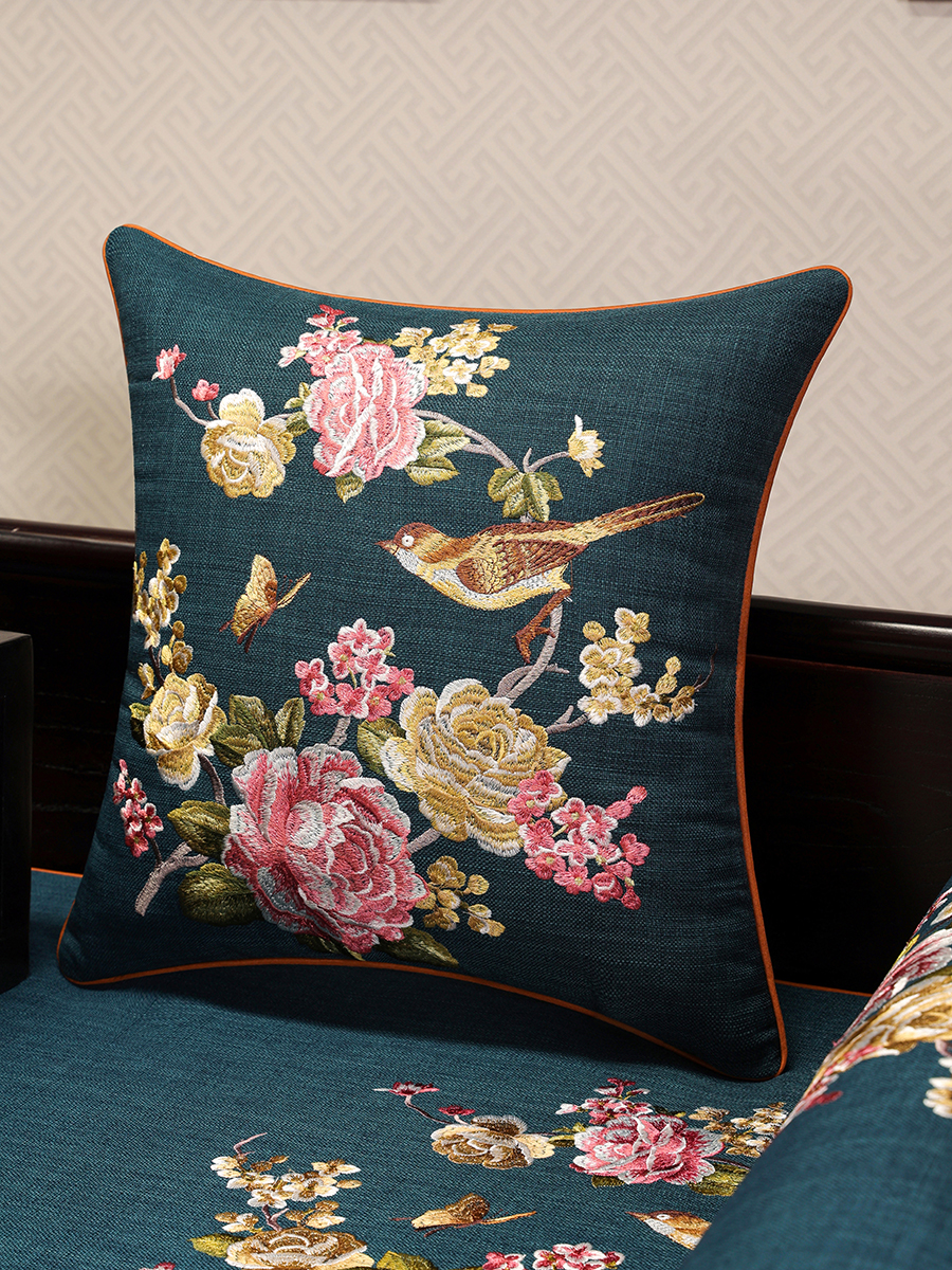 鶯歌蝶舞中式風格亞麻抱枕 客廳沙發腰靠枕 床上靠墊枕
