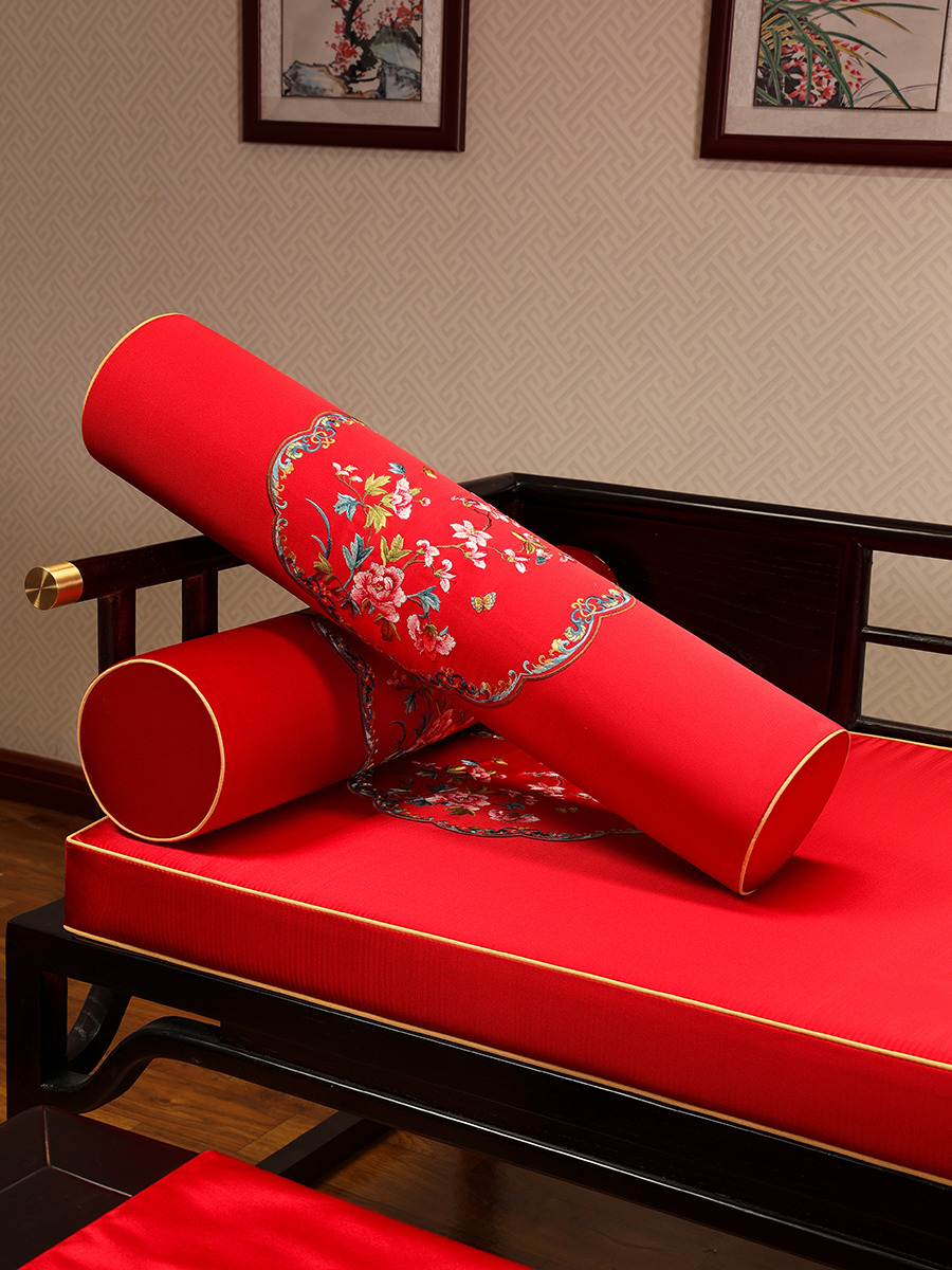 風格中式綢緞圓柱形抱枕客廳家用海綿手枕靠墊