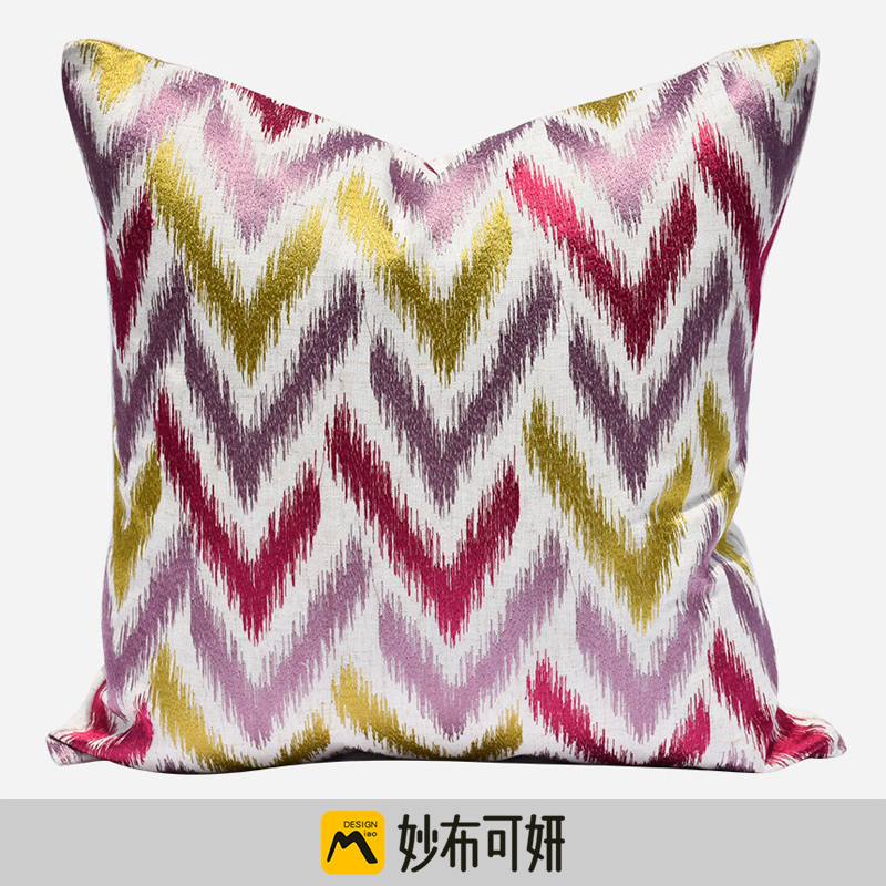 簡約現代風亞麻材質抱枕套彩色繡花設計適於午睡使用