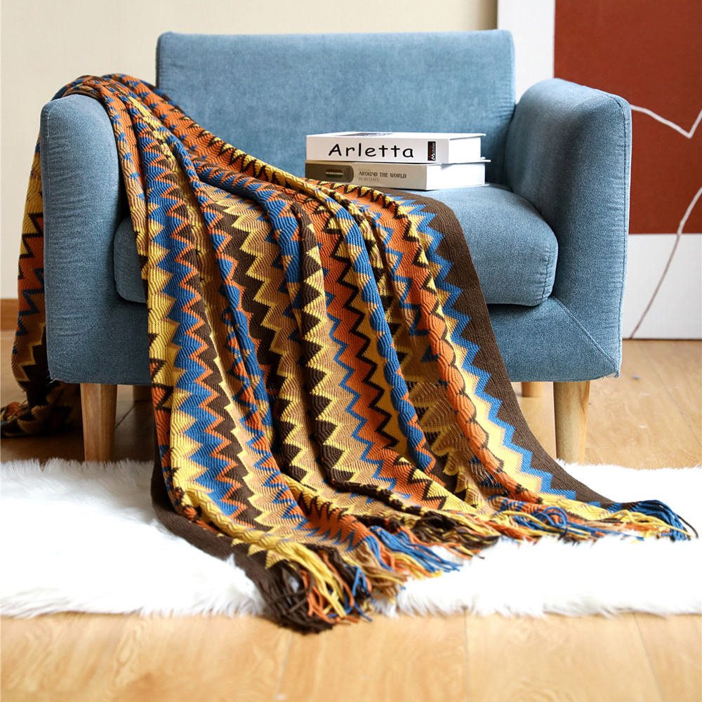 咖啡色條紋流蘇地毯 北歐風格針織布臥室客廳沙發毯 (6.7折)