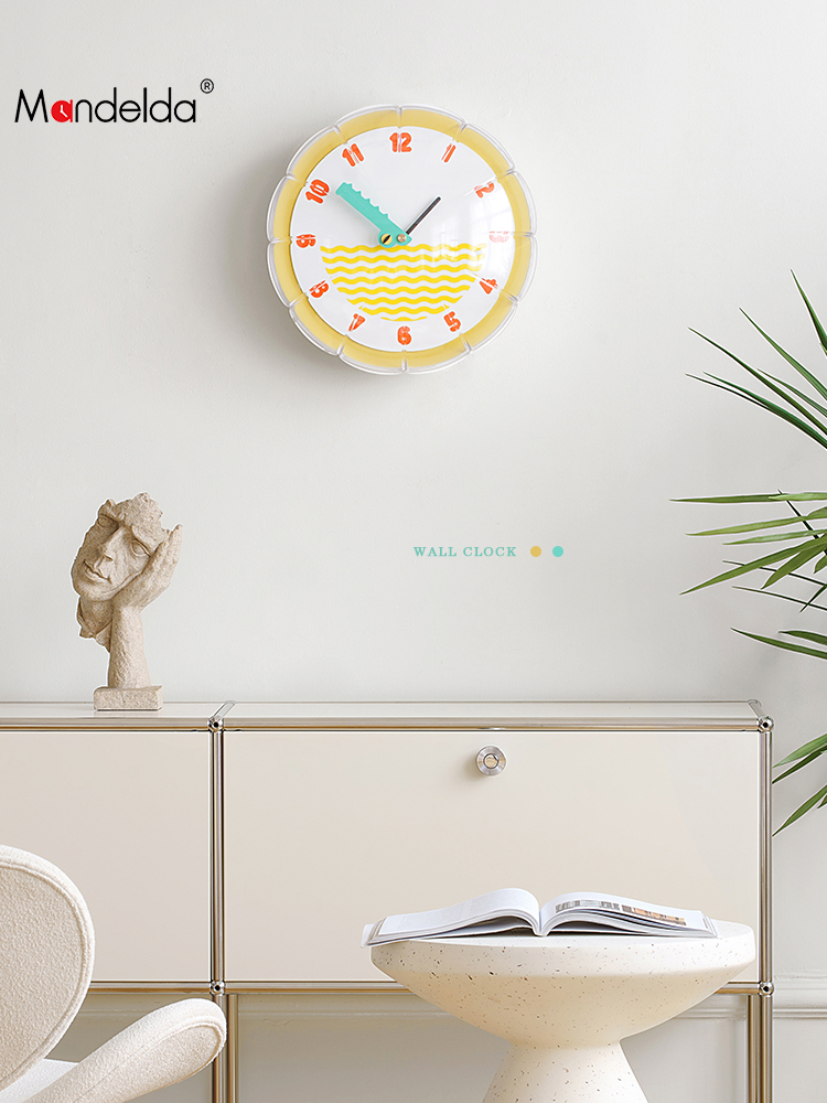 黃色圓形壓克力簡約現代掛鐘 時尚大氣兒童房裝飾時鐘