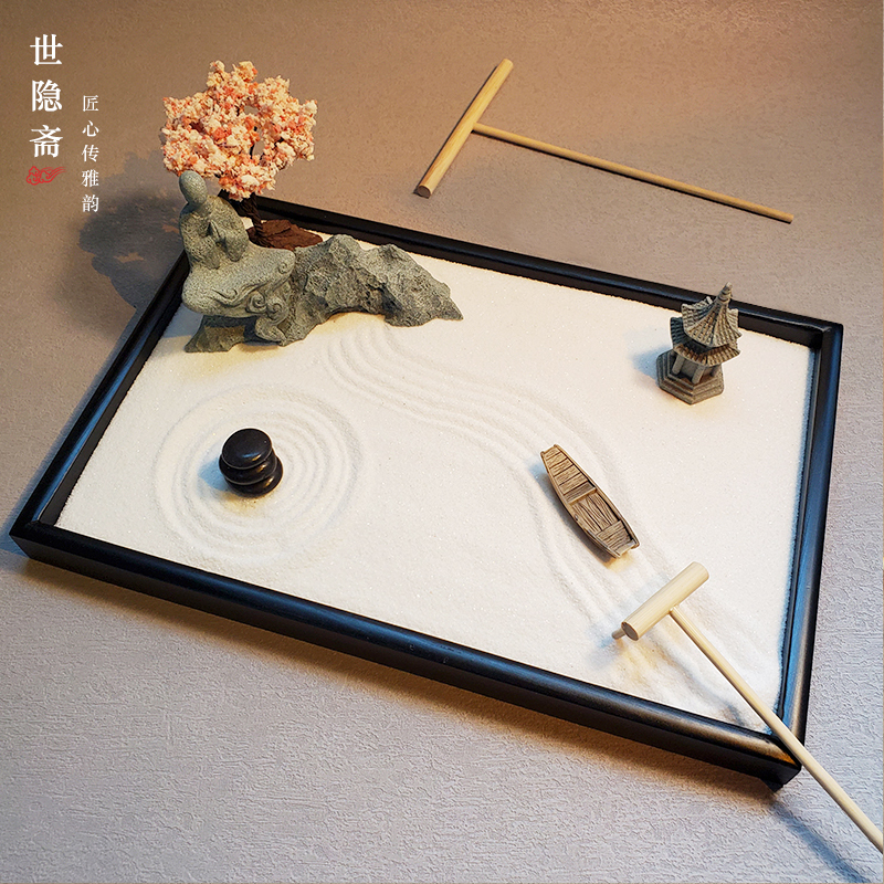 日式風格木質禪意沙盤枯山水微景觀桌面擺件