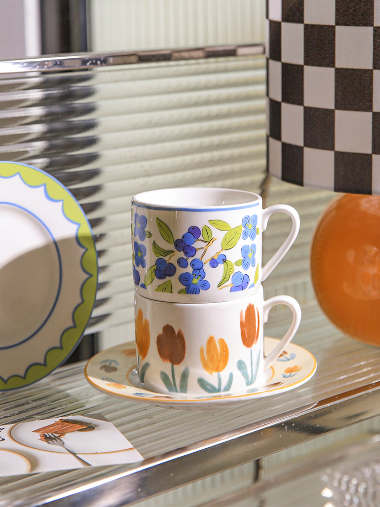 日式手繪插畫風格 高顏值陶瓷咖啡杯 配碟二件組