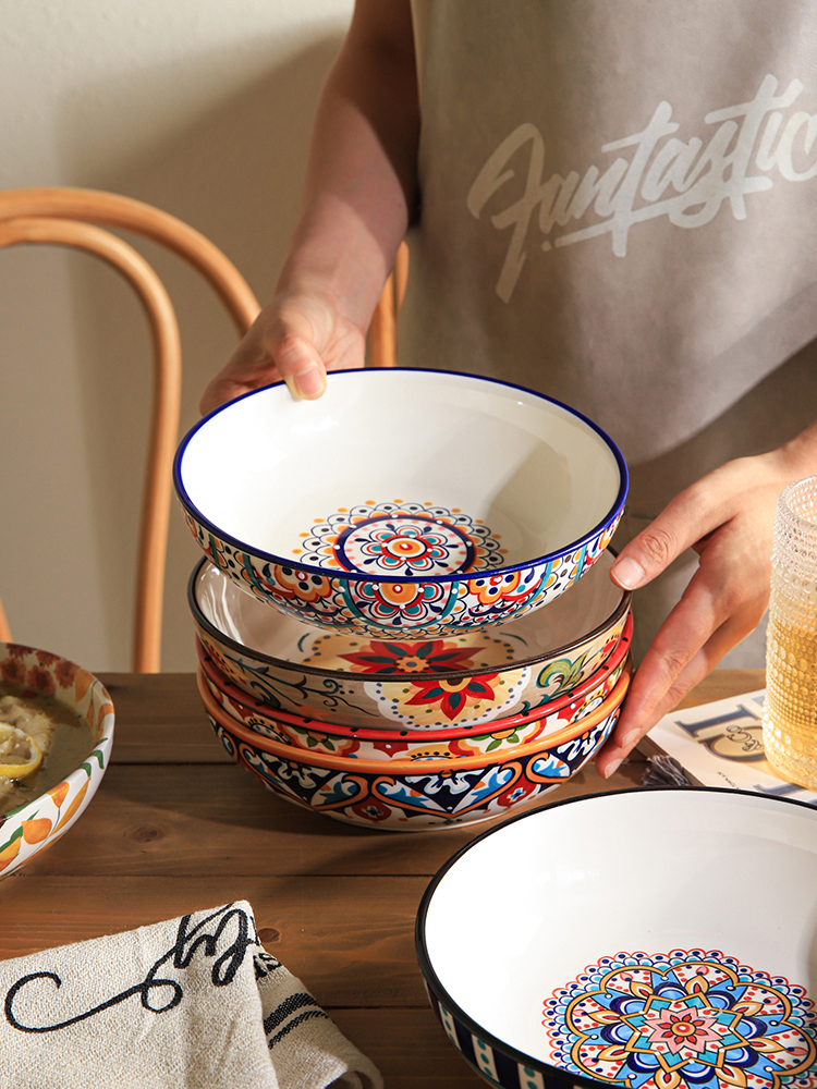 美式風波西米亞陶瓷盤釉下彩湯盤蓋澆飯盤8寸多色可選 (8.3折)