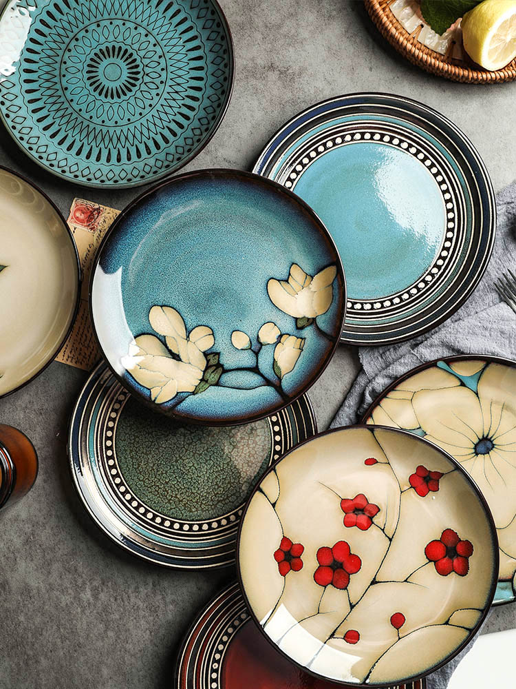 舍里美式陶瓷手繪西餐盤子 圓盤 彩色平盤 湯盤 菜盤 沙拉盤 微波爐餐盤