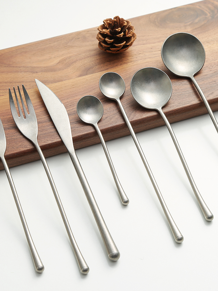 北歐風啞光復古創意銀色西餐牛排餐具刀叉勺不鏽鋼餐具家用