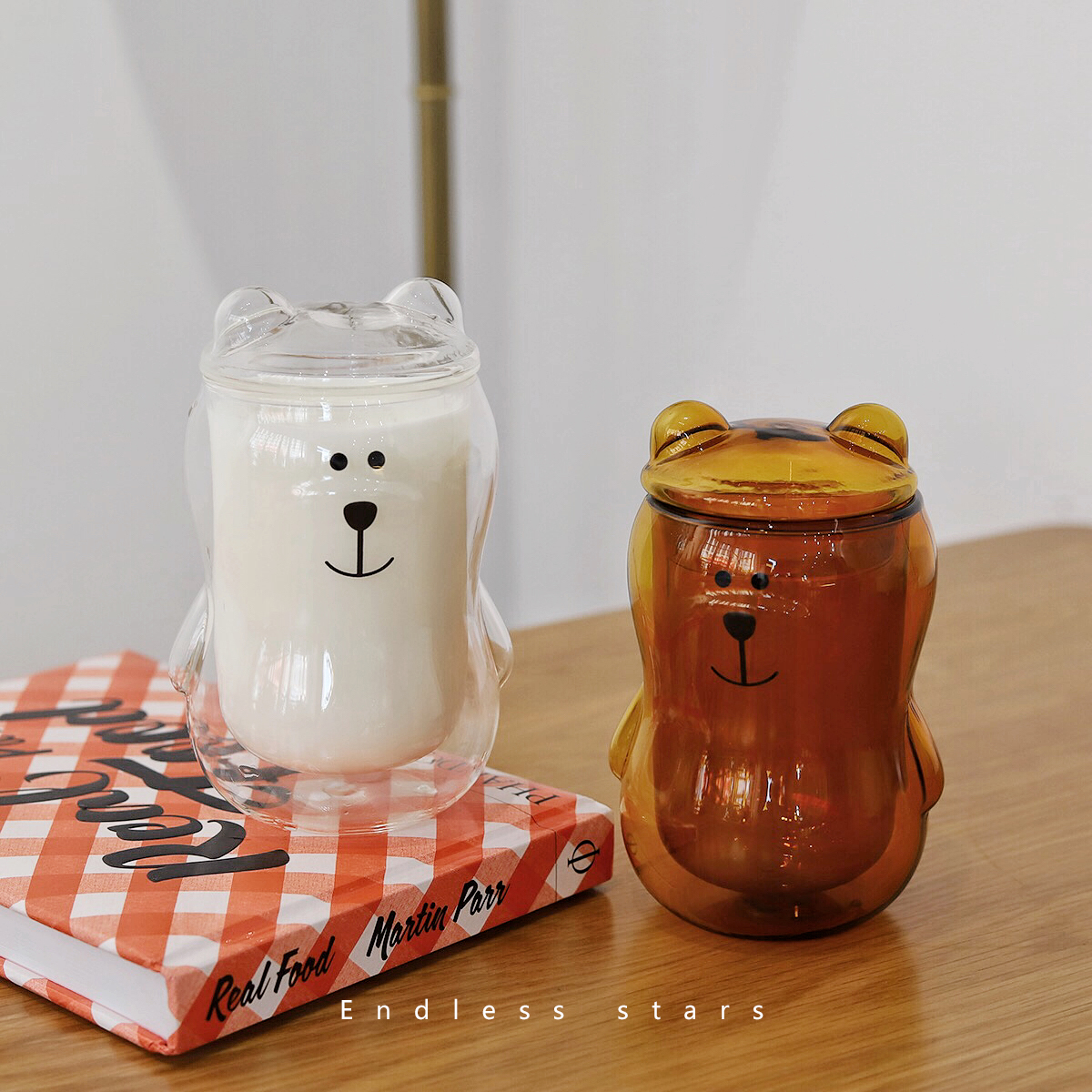 ins爆紅雙層小熊玻璃杯 耐熱可愛牛奶杯帶蓋 (8.3折)