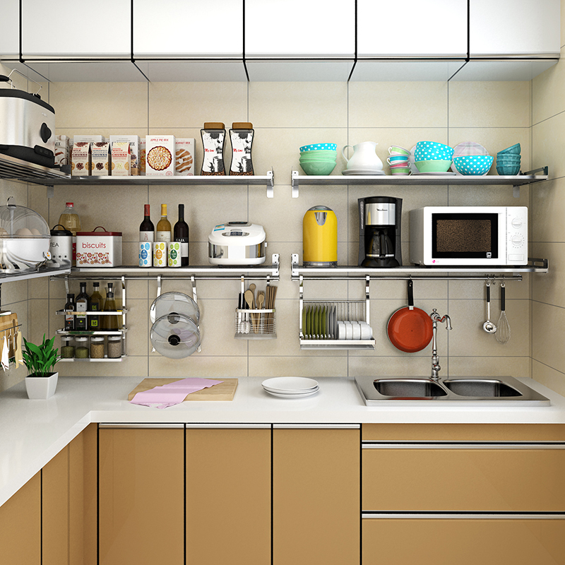 歐式風格304不鏽鋼廚房置物架 壁掛式牆上微波爐廚鍋具電烤箱收納架子