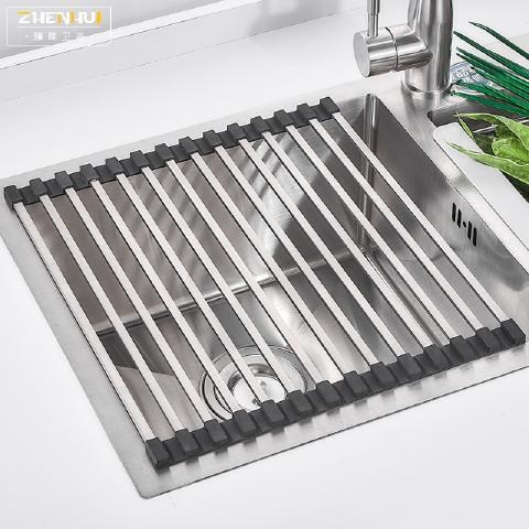廚房水槽瀝水籃 304不鏽鋼水池瀝水架 洗菜盆濾水捲簾 方管 可摺疊 (5.3折)