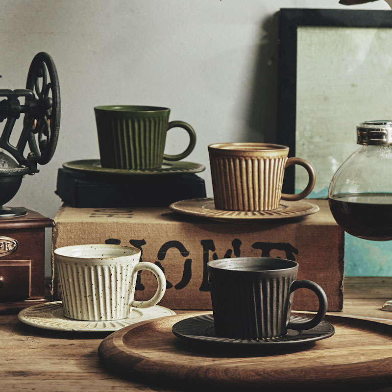 日式單品咖啡杯配碟 粗陶條紋 咖啡店專業器具 純手工製作