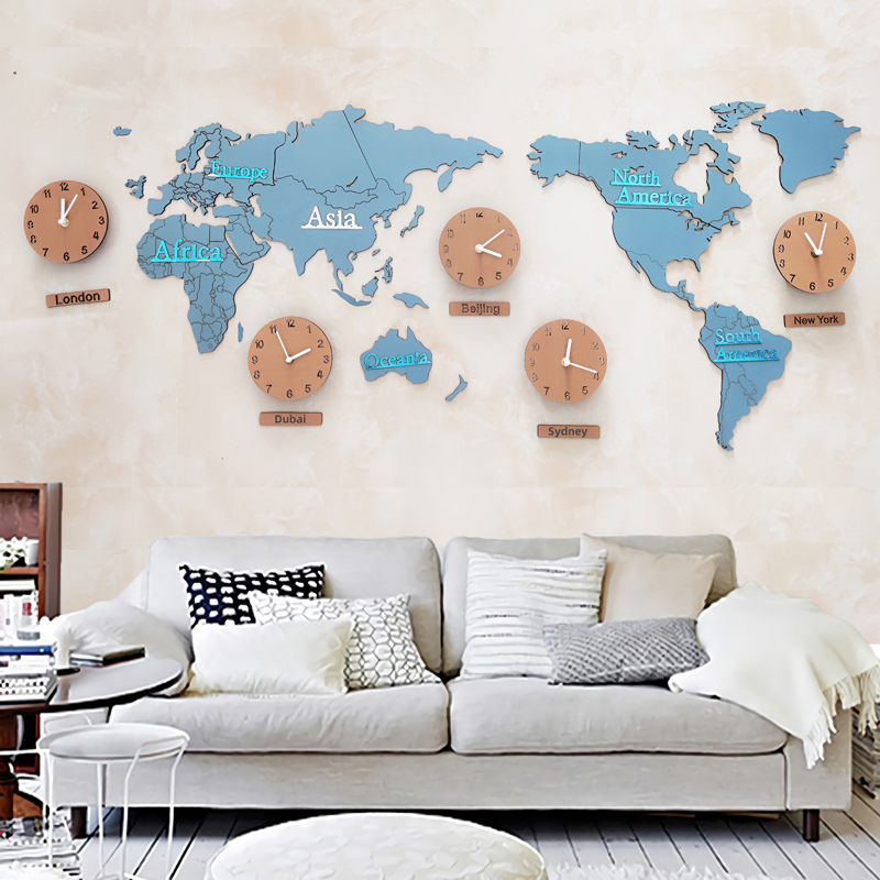 簡約風格掛鐘 世界地圖造型 創意辦公室牆面裝飾