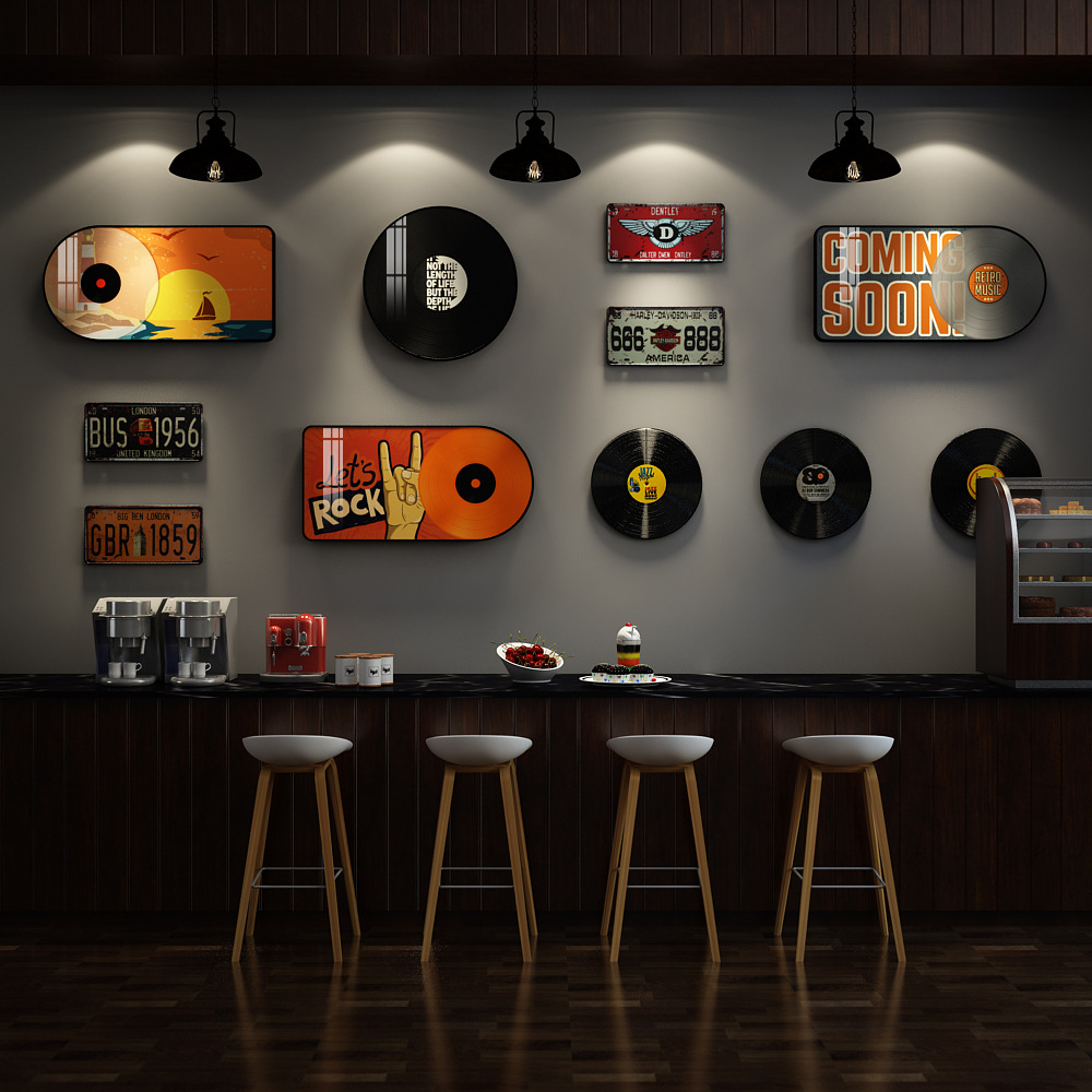 復古懷舊工業風壁飾黑膠唱片牆面裝飾營造酒吧氛圍