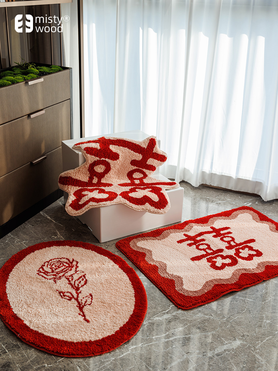 喜慶中式紅色防滑吸水腳墊原創新中式婚房裝扮地墊 (7.3折)