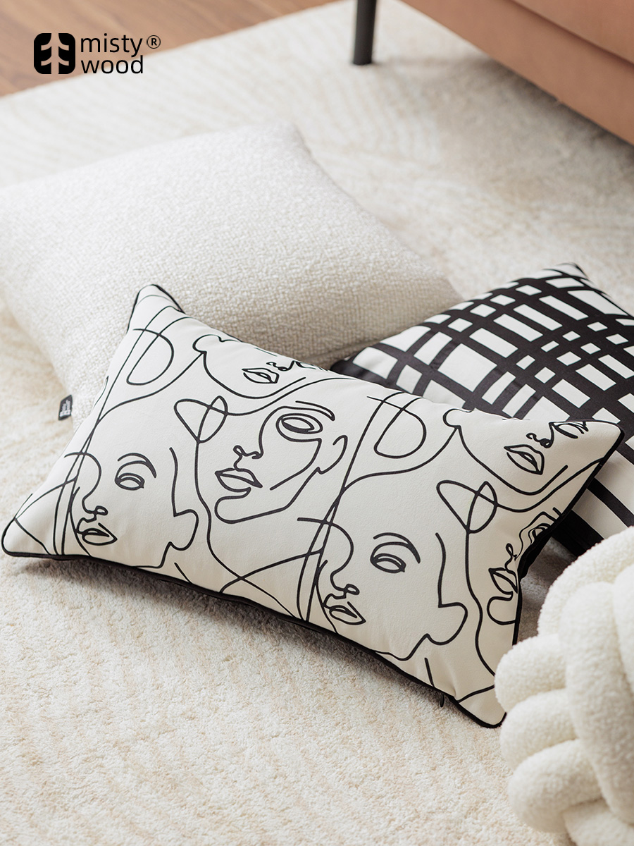 黑白格紋抽象人臉靠枕 麂絨刺繡簡約腰枕客廳午睡靠墊