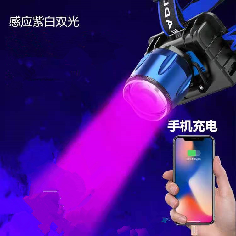 紫光蠍子燈LED頭燈感應白紫雙光源頭戴式強光可充電藍光釣魚家用 (8.3折)