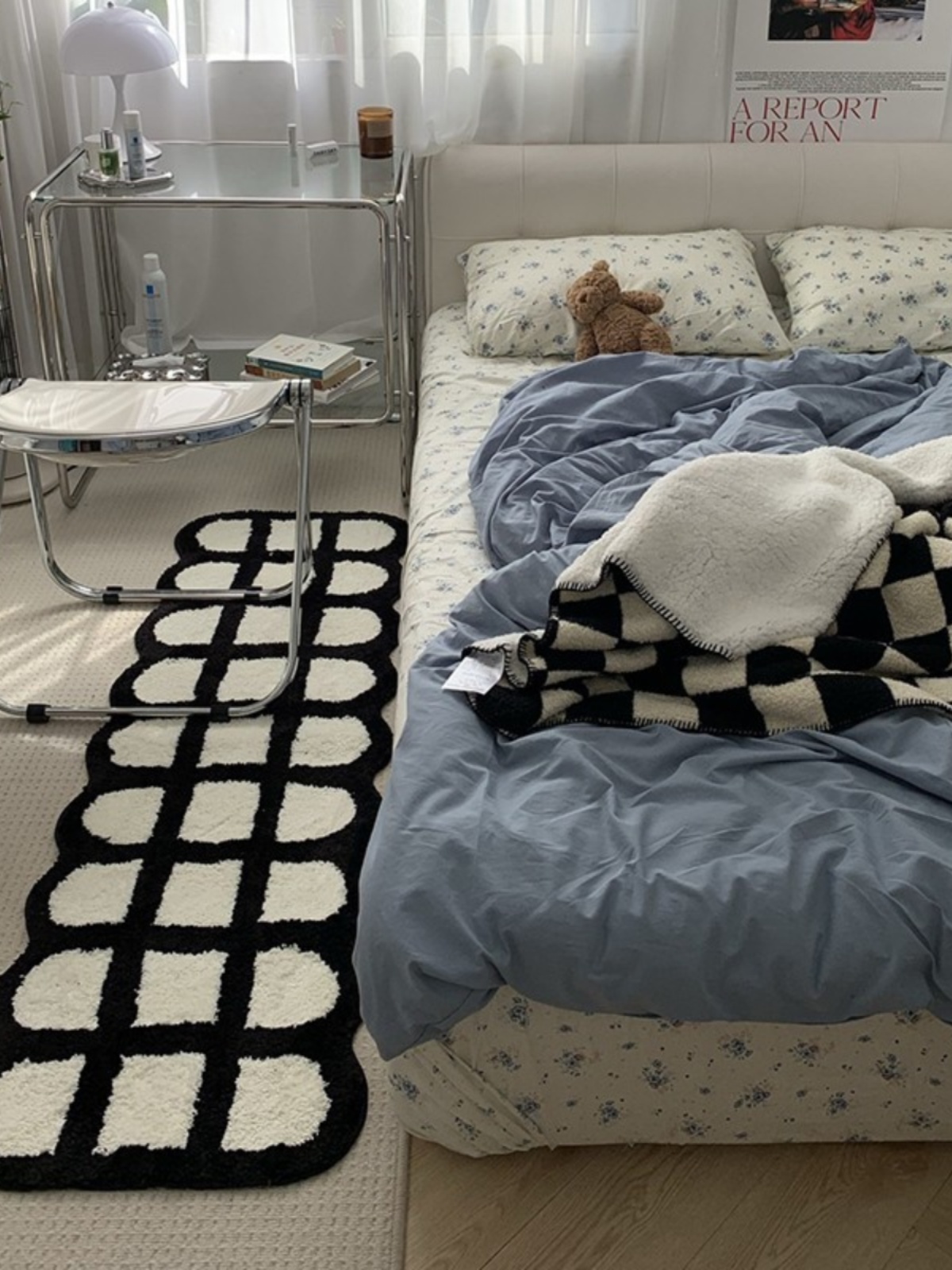 ins風少女房間黑白格子地墊耐髒小腳墊簡約現代風格臥室床前毯棋盤格床邊地毯