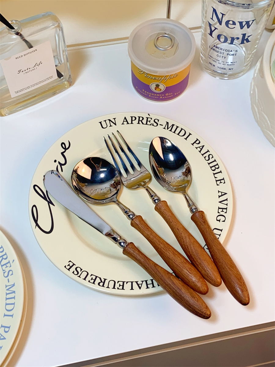 精緻法式中古風餐具組 黃花梨木柄設計西餐刀叉勺具