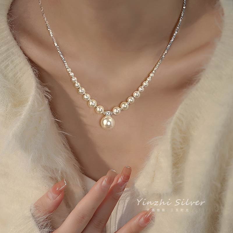 日韓風格碎銀子項鍊 女款高級感銀飾 爆款仿珍珠吊墜 小眾鎖骨鏈
