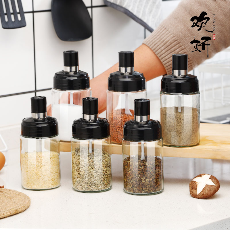 時尚日式風格玻璃調料罐廚房家用帶勺蓋一體調味油壺鹽味精調料盒六件套裝