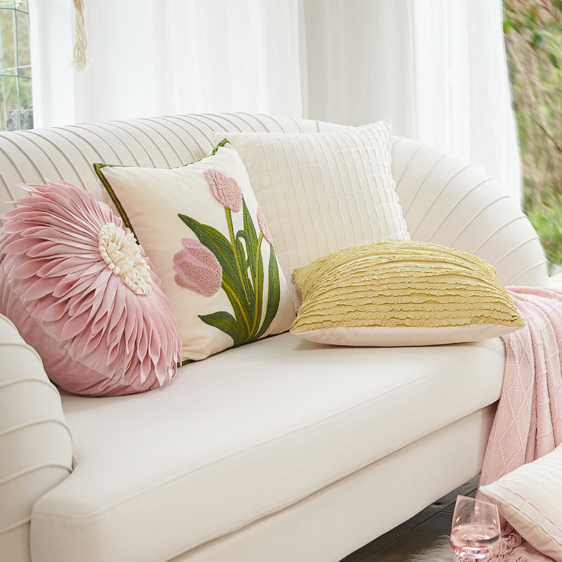 法式輕奢粉色靠墊 ins風刺繡床頭抱枕 沙發腰枕