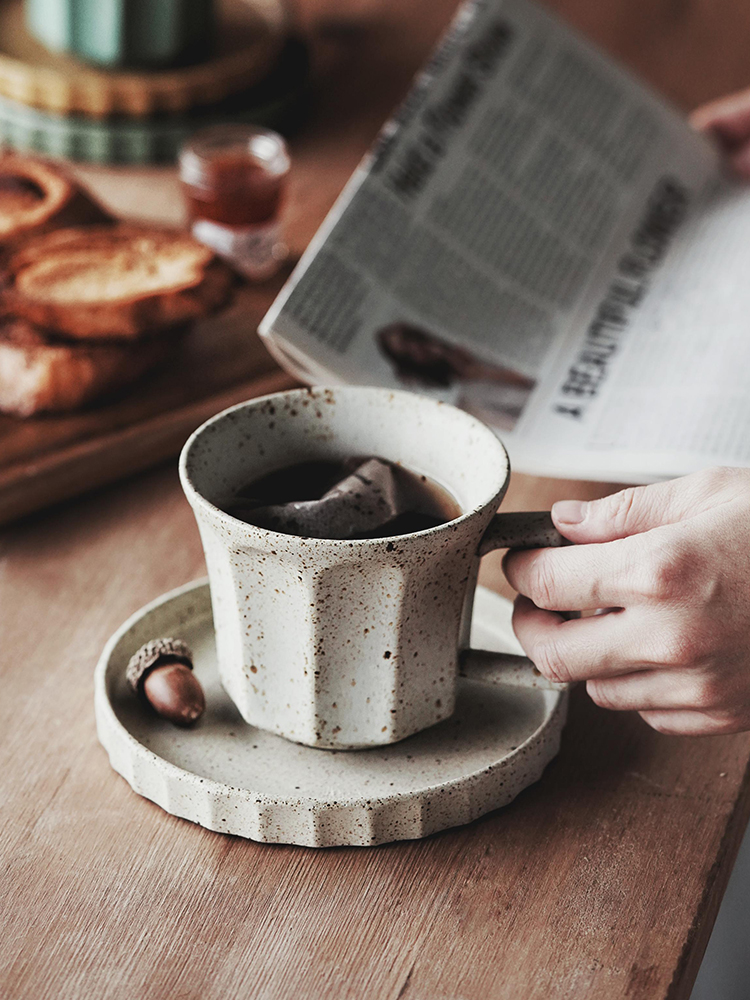 日式簡約咖啡杯碟 陶土復古風茶杯早餐點心盤