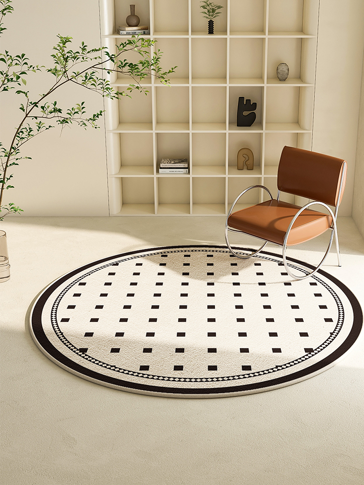 黑白格子嬭油風圓形地毯客厛輕奢高級感茶幾毯陽台休閑區搖椅地墊